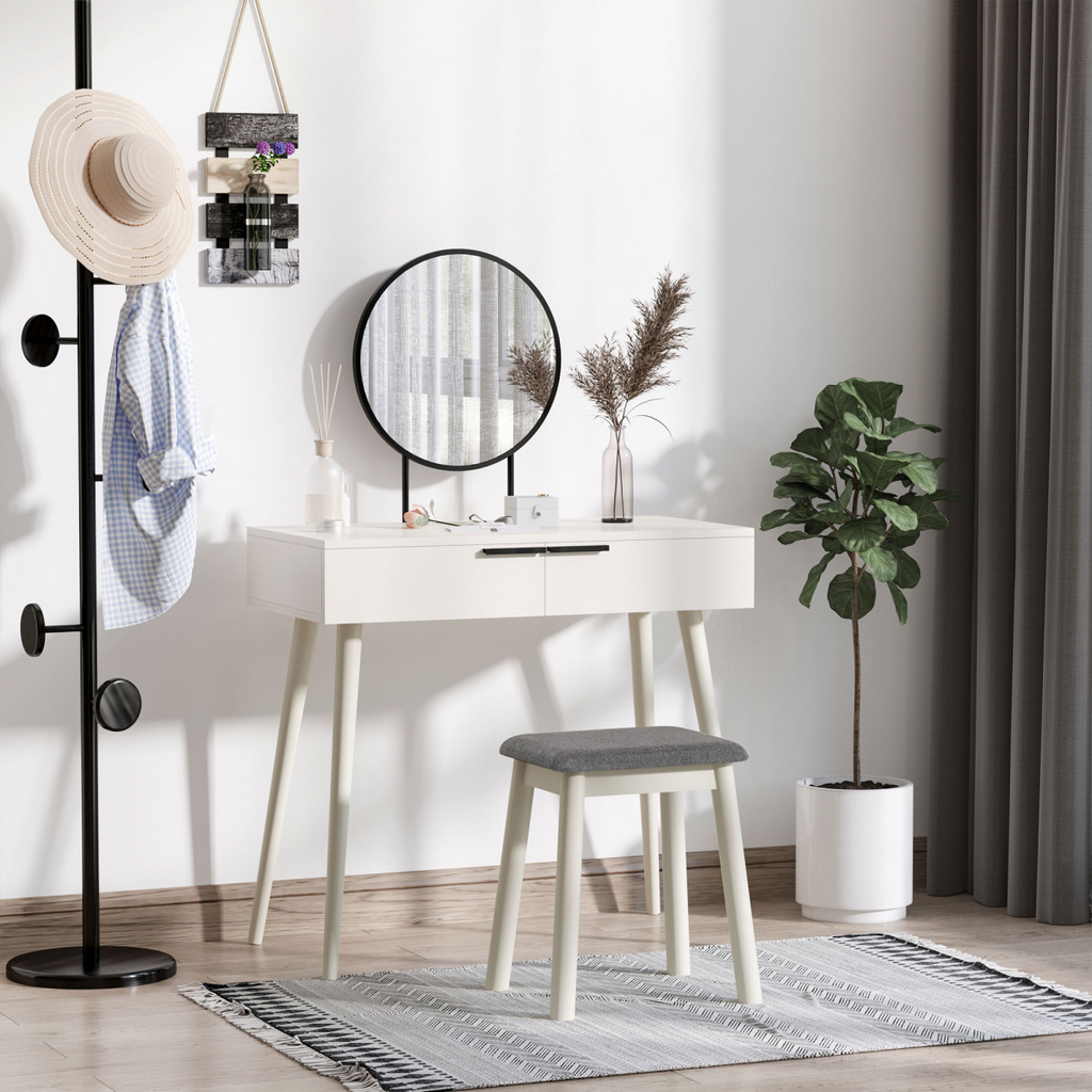 Dressing Table Vanity Set Makeup Desk with Round Mirror Cushioned Stool White