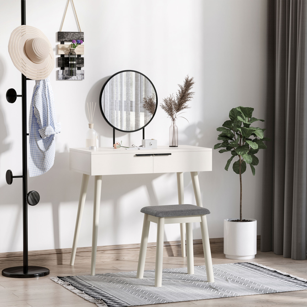 Dressing Table Vanity Set Makeup Desk with Round Mirror Cushioned Stool White