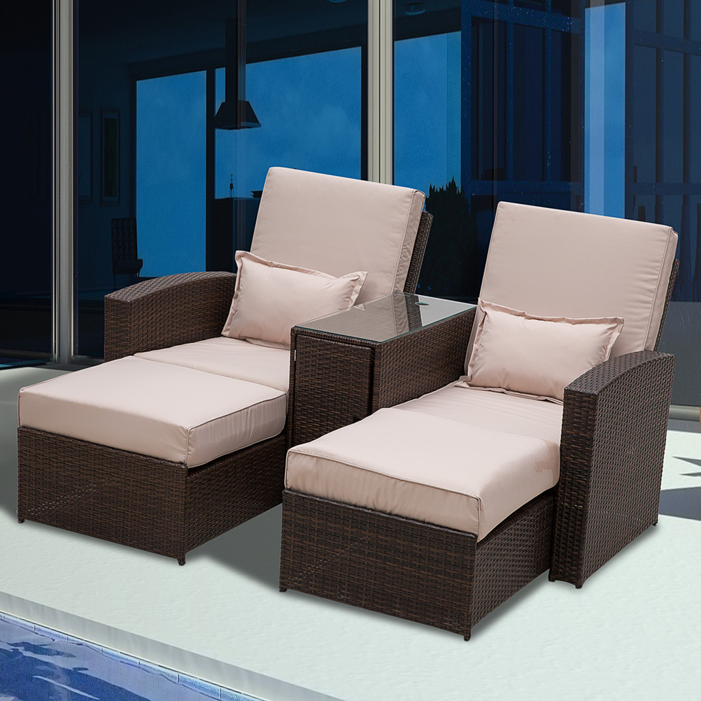 Garden Double Rattan Sun Lounger Sofa Recliner Wicker Patio Brown