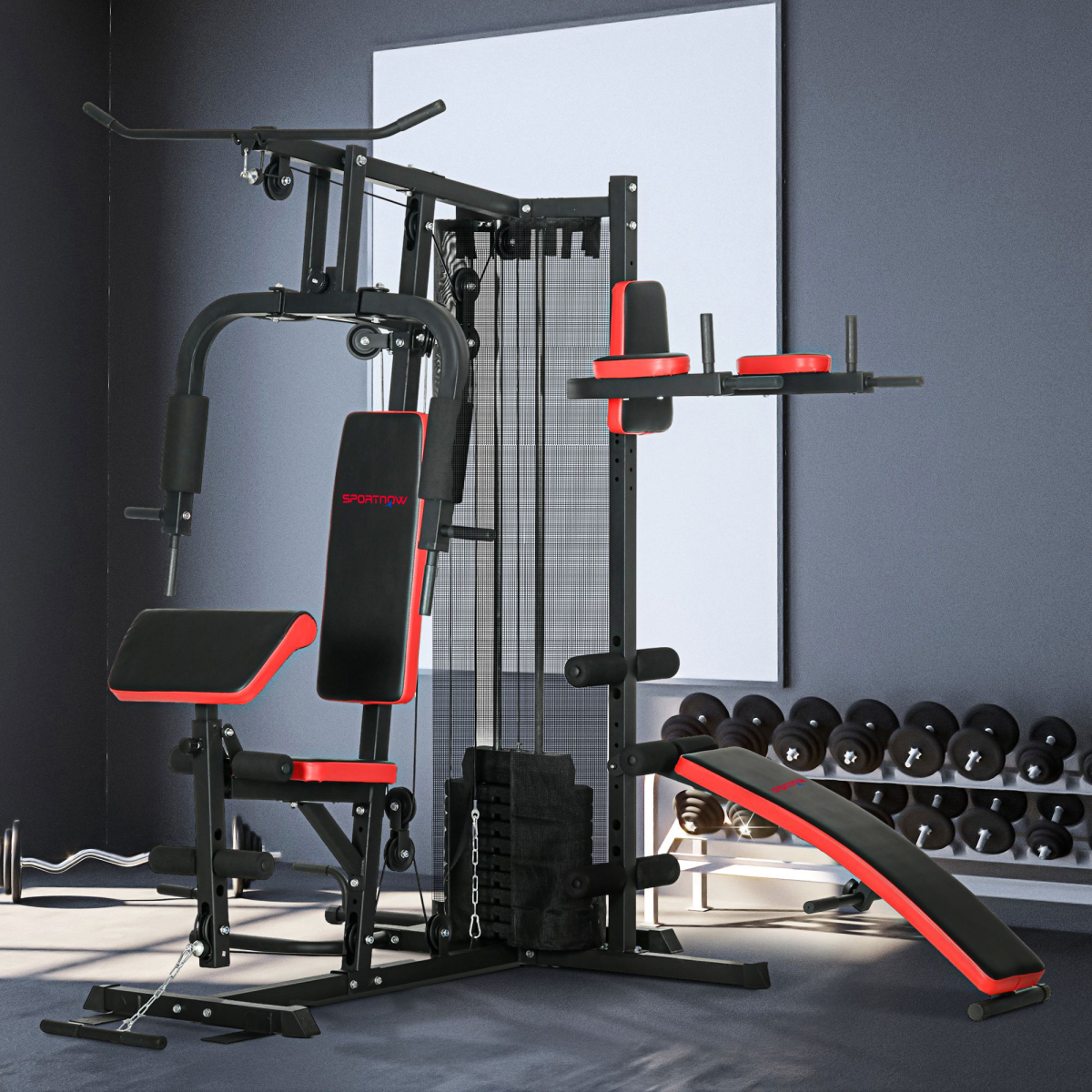 Multi Gym Workout Station with Sit Up Bench, Push Up Stand, Dip Station
