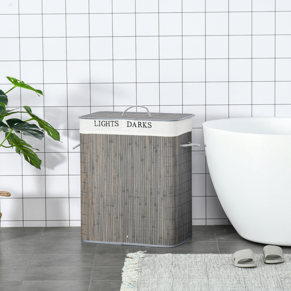 100L Bamboo Laundry Basket with Flip Lid Foldable, Grey Lining,