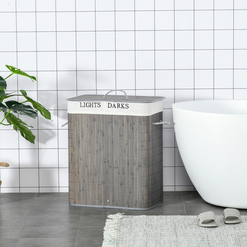 100L Bamboo Laundry Basket with Flip Lid Foldable, Grey Lining,