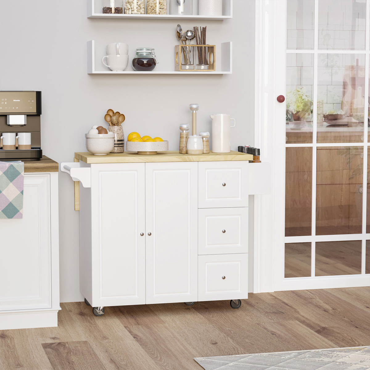 Drop-Leaf Kitchen Island on Wheels Utility Storage Cart with Drawers & Cabinet