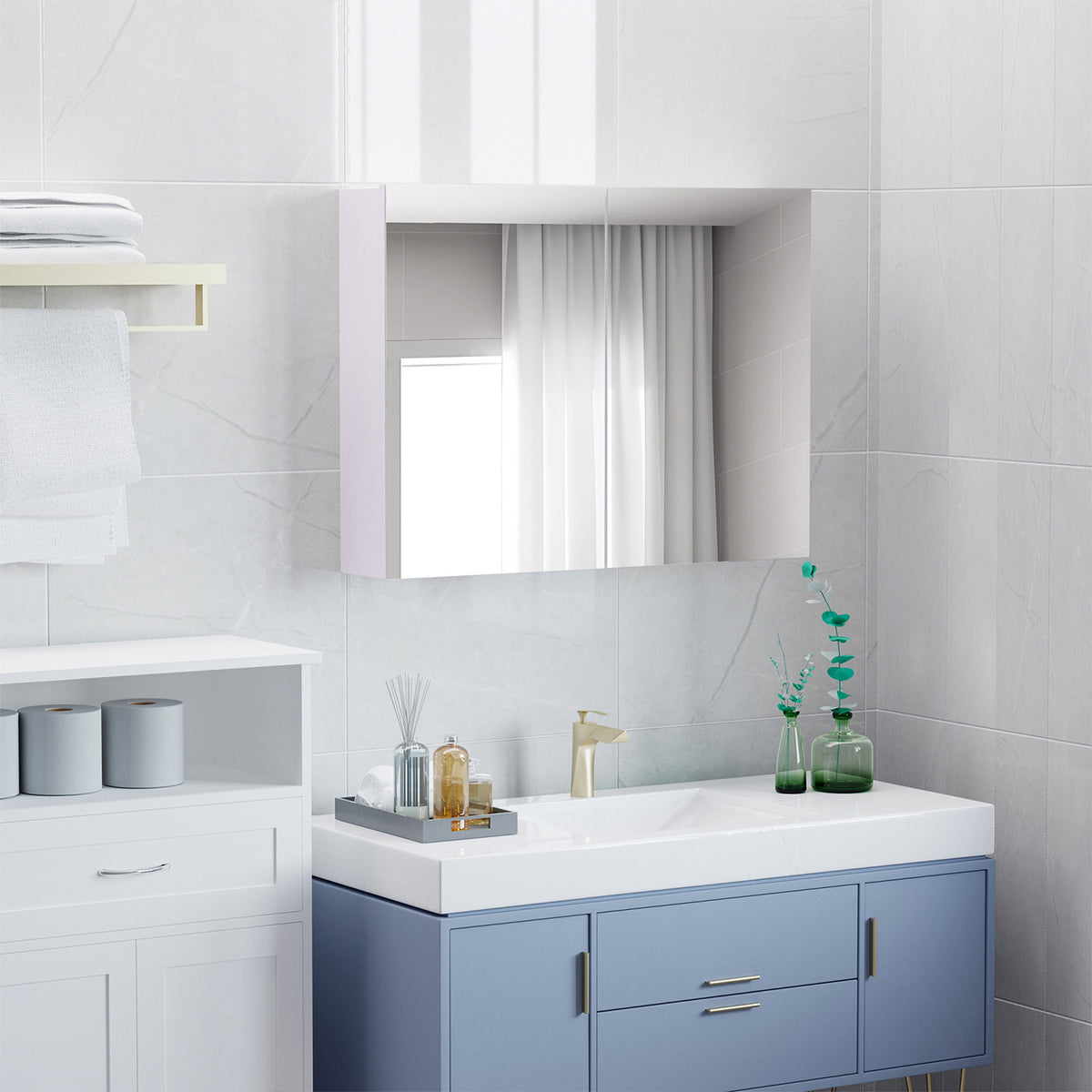 Mirror Cabinet Double Door Wall Mounted Modern Storage Unit Bathroom