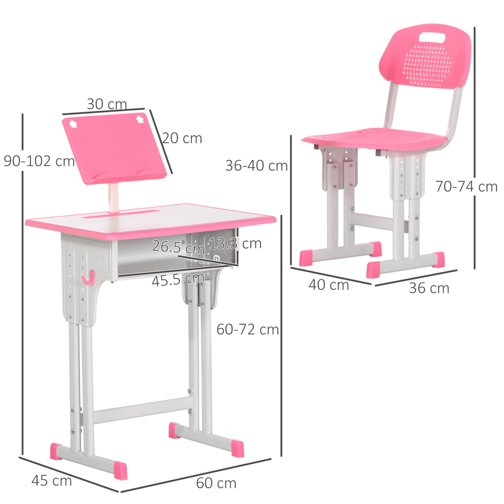 Kids Desk and Chair Set w/ Drawer, Book Stand, Cup Holder, Pen Slot, Pink