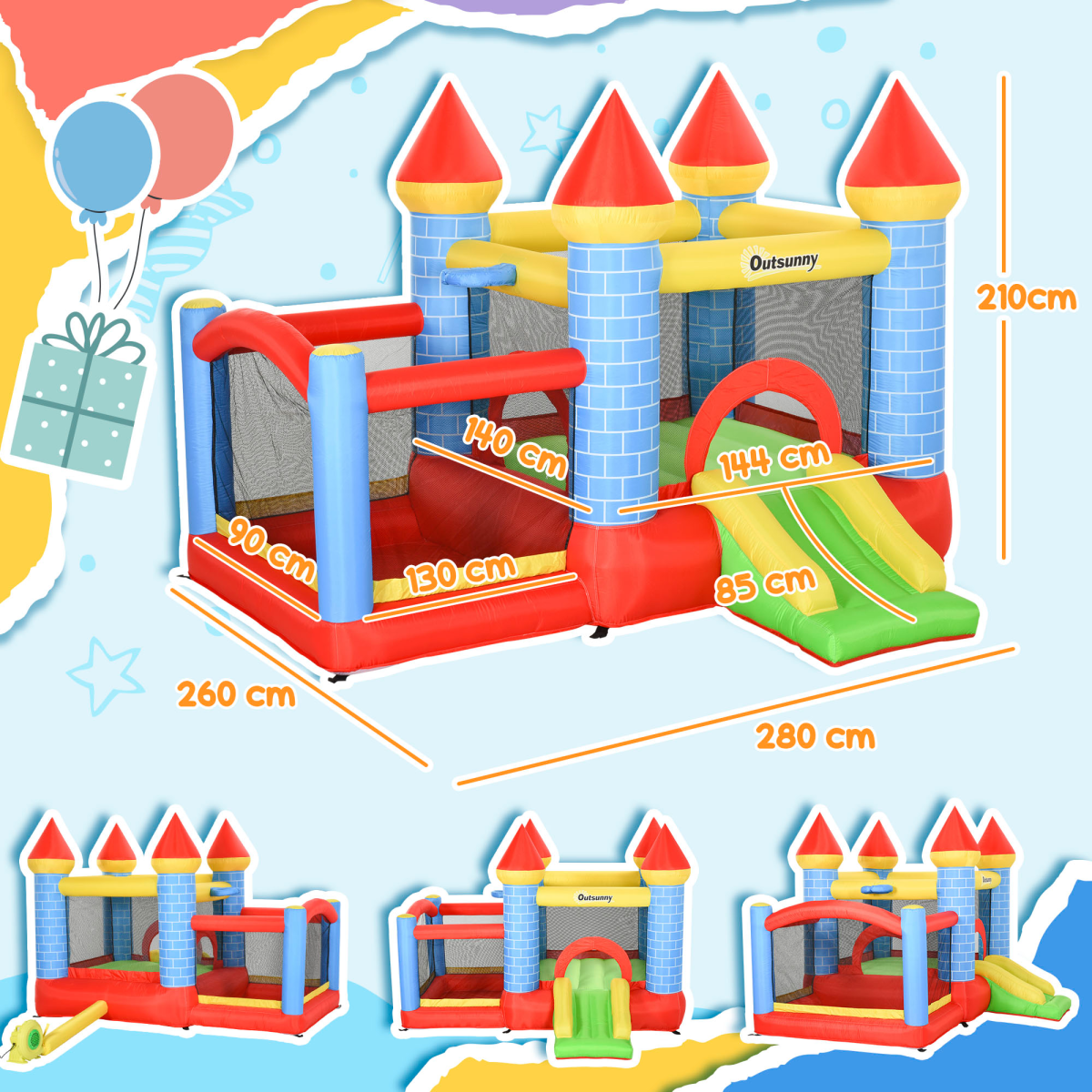 Bouncy Castle with Slide Pool 4 in 1 composition with Blower Multi-color