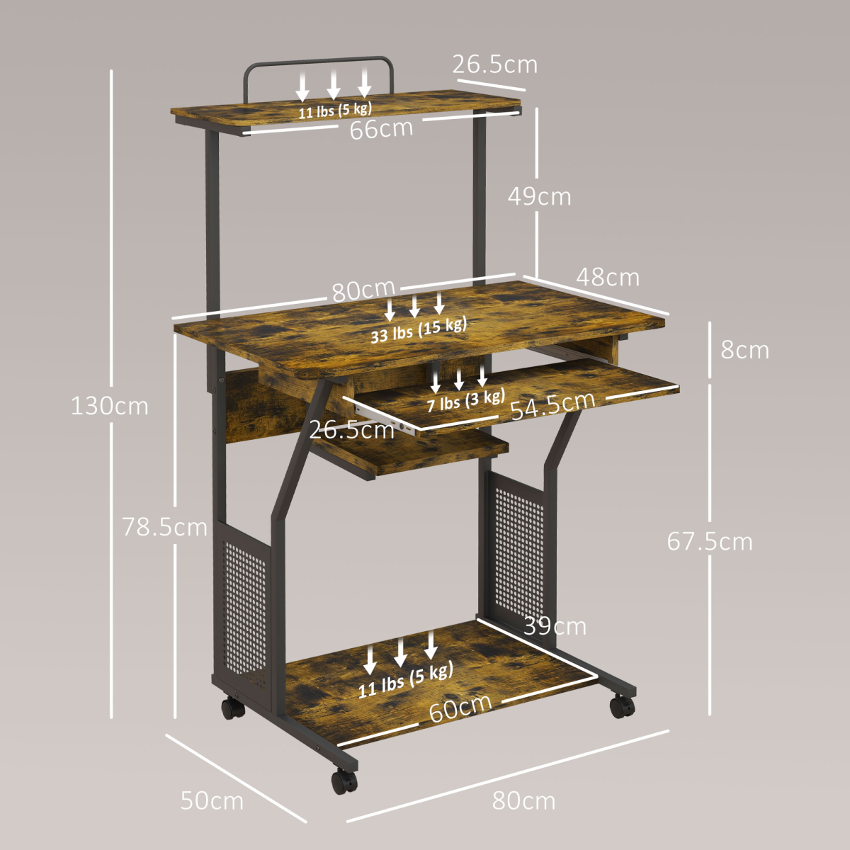 Rolling Computer Desk with Keyboard Tray Storage Shelves Rustic Brown
