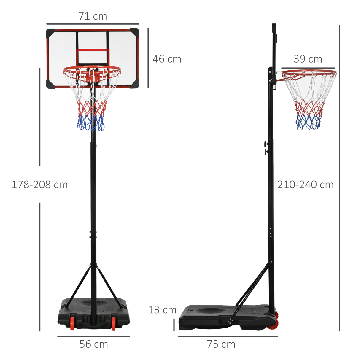 SPORTNOW Kids Adjustable Basketball Hoop and Stand w/ Wheels, 1.8-2m