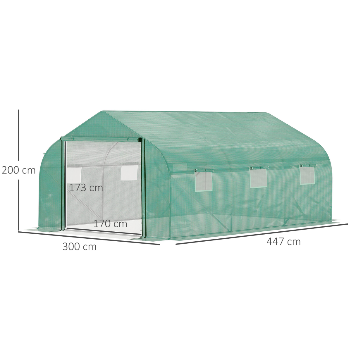 4.47 x 3 x 2m Walk-in Polytunnel Tent, PE Cover, ZipDoor 6Windows, Green