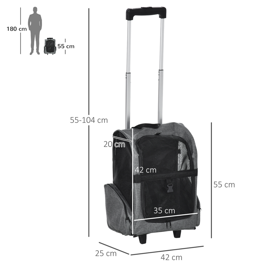 Pet Travel Backpack Bag Cat Dog Carrier with Trolley and Telescopic Wheel Grey