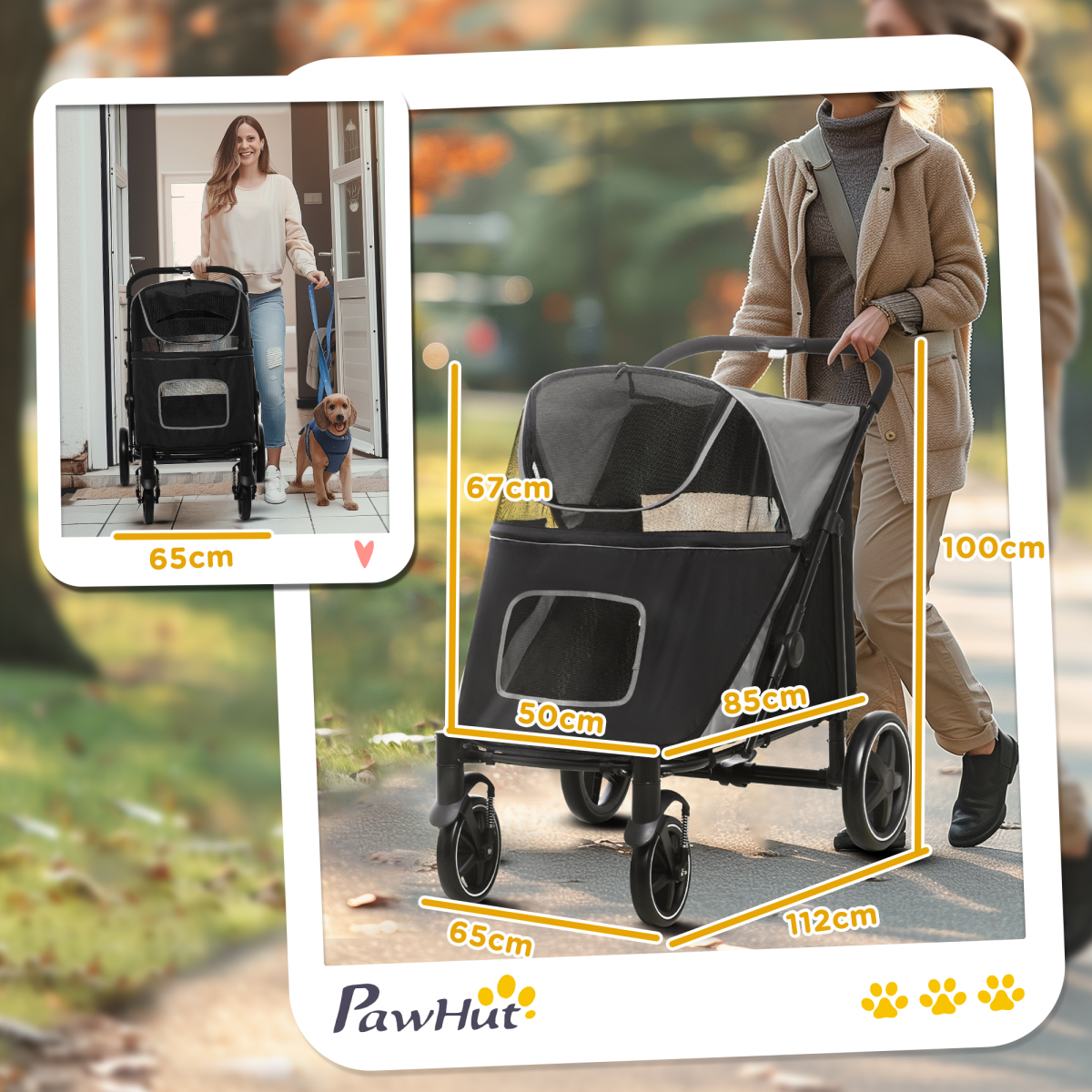 PawHut Foldable Dog Carriage with Universal Wheels, Shock Absorber - Black