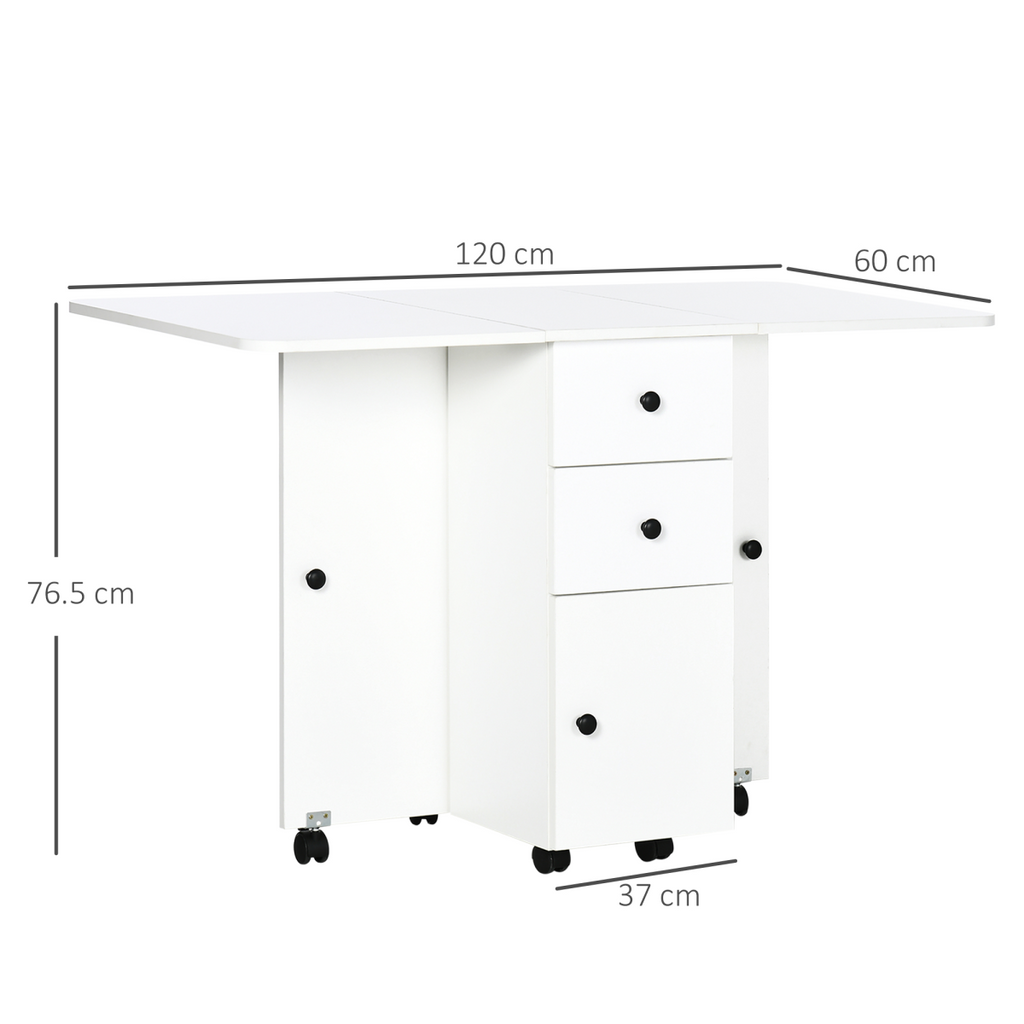Folding Dining Table, Drop Leaf Table With Storage Drawers White