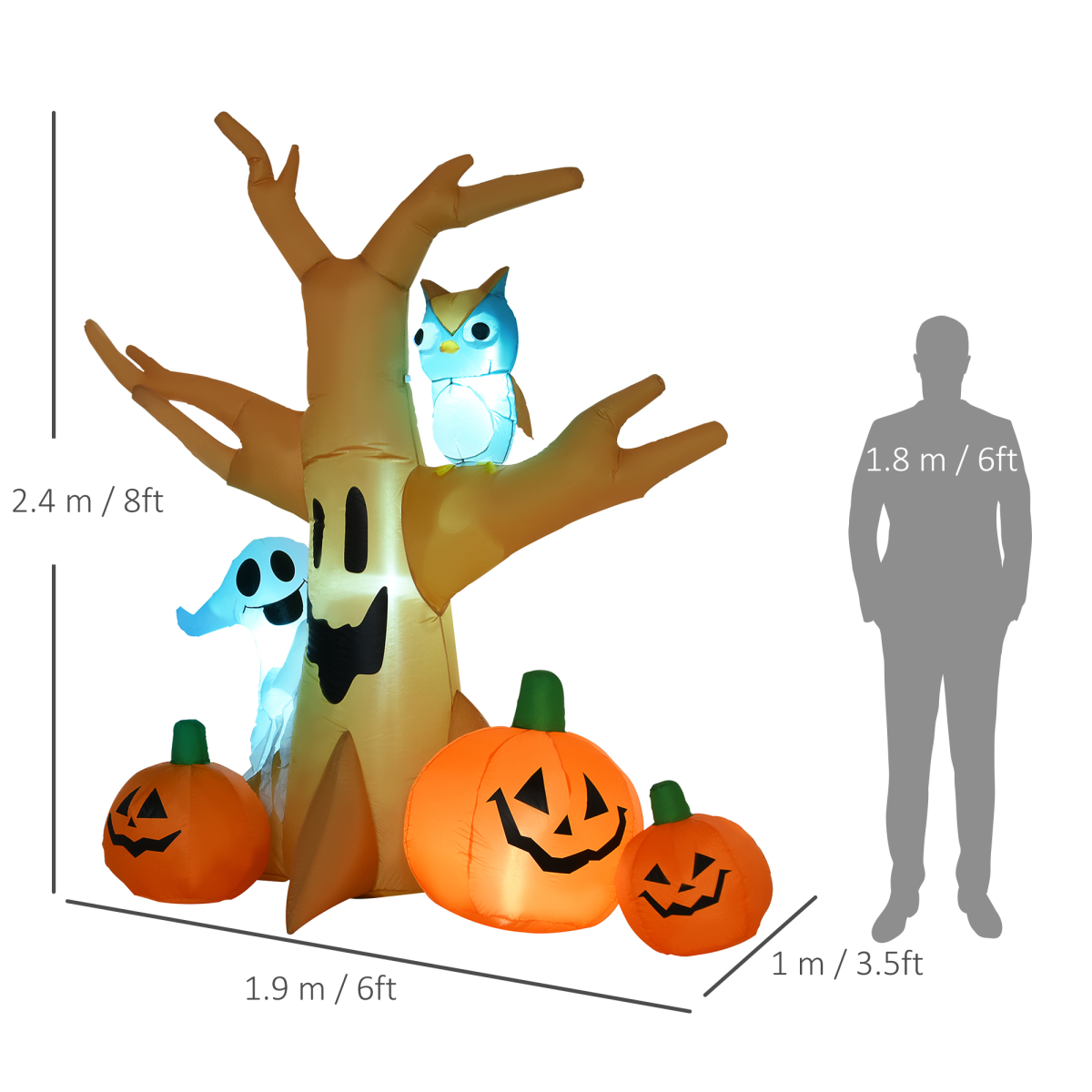 LED Inflatable Halloween Tree with Ghost, Pumpkins & Owl — 240cm