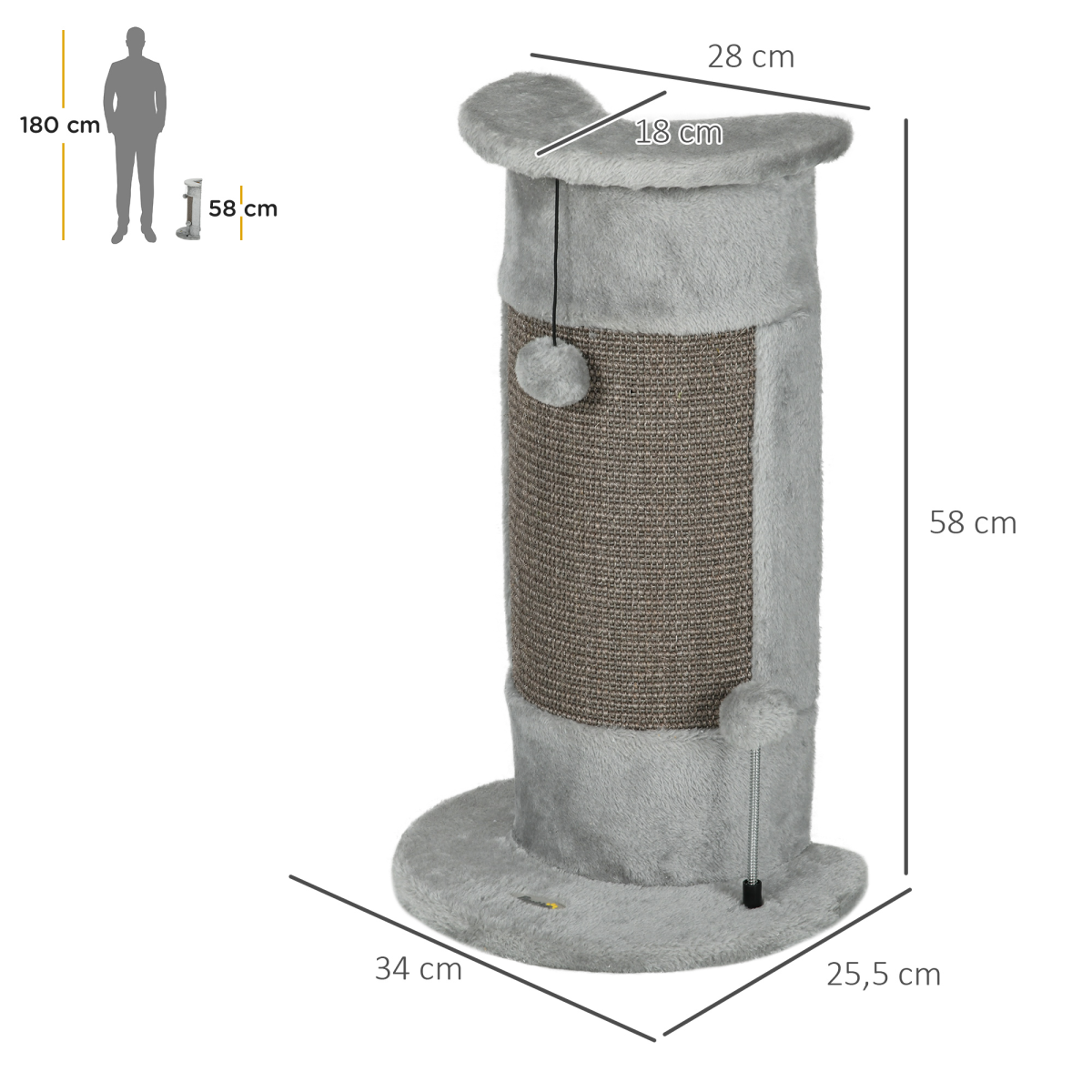 58cm Corner Cat Scratching Post for Wall with Covered Plush, Sisal Rope, Toy Balls