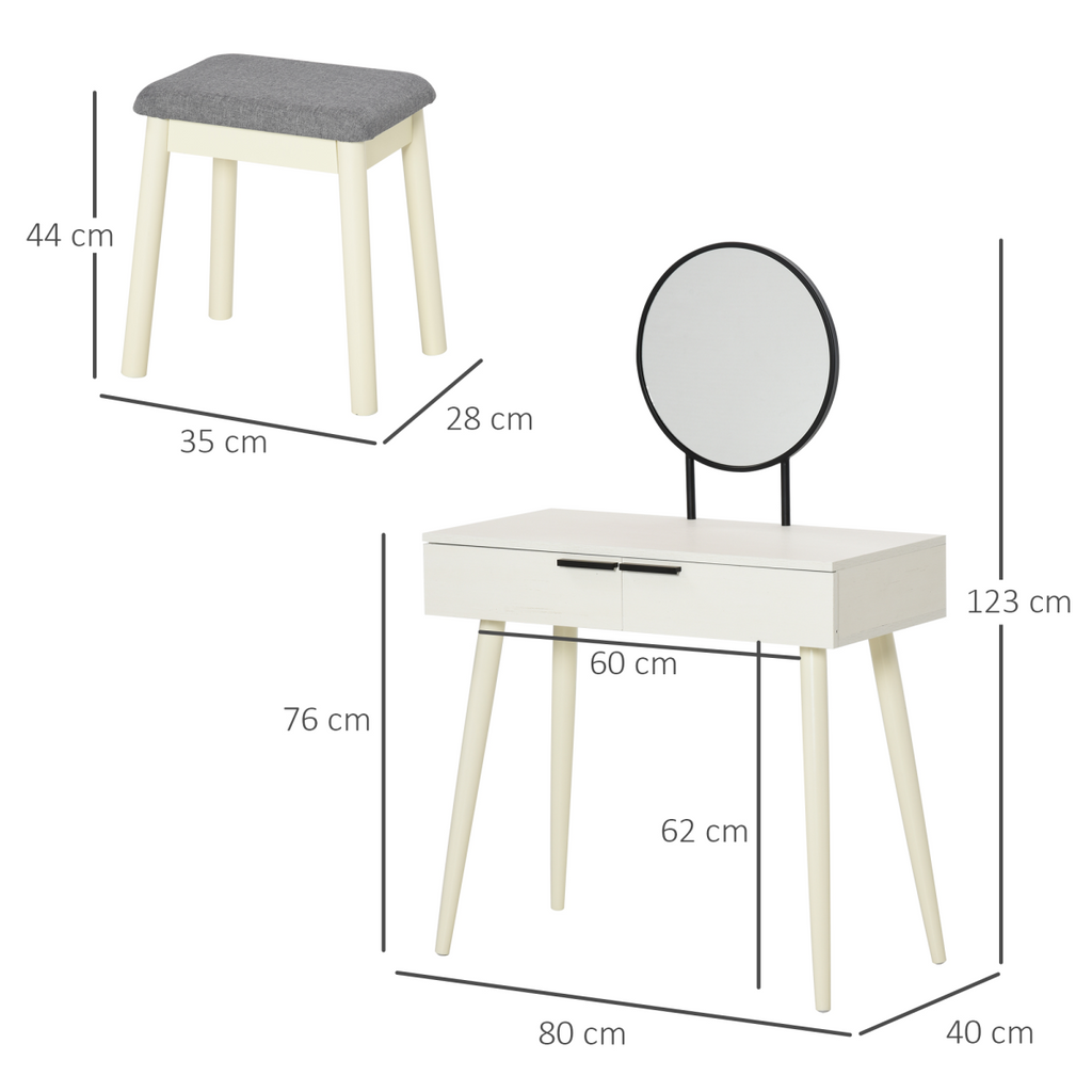 Dressing Table Vanity Set Makeup Desk with Round Mirror Cushioned Stool White