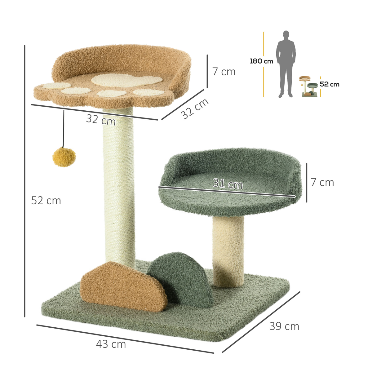 52cm Cat Tree for Indoor Cats, Scratching Posts with Two Bed, Toy Ball