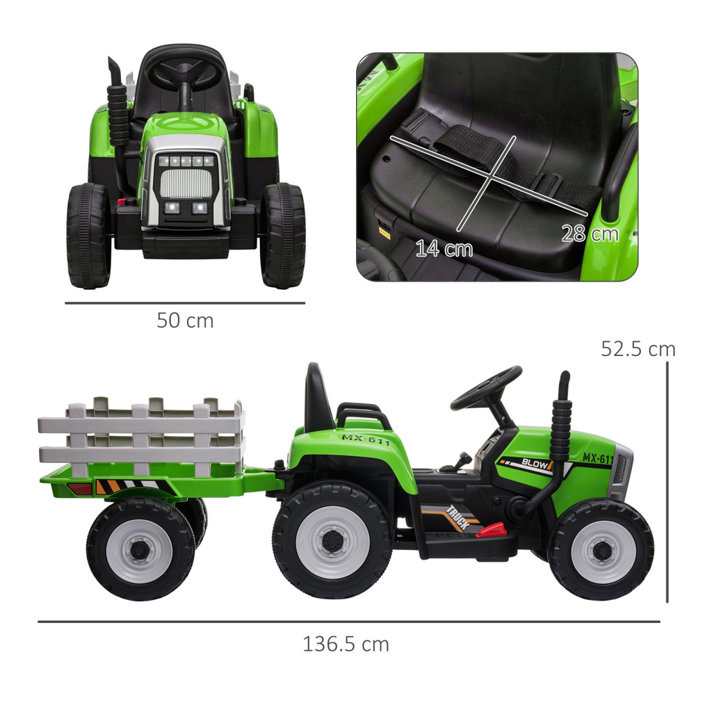 Ride on Tractor with Detachable Trailer, Remote Control, Music - Green