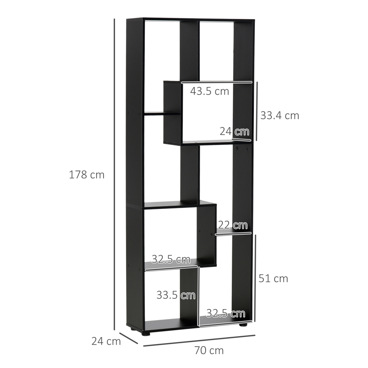 178cm 8-Shelf Bookcase with Melamine Surface Foot Pads Black Multipurpose 8-Grid