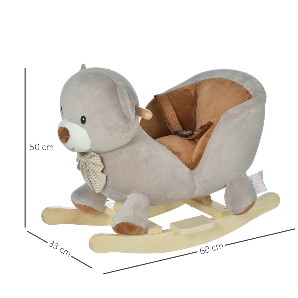 Kids Rocking Bear Plush Ride On Seat Sound Button Wood Base Seat Belt