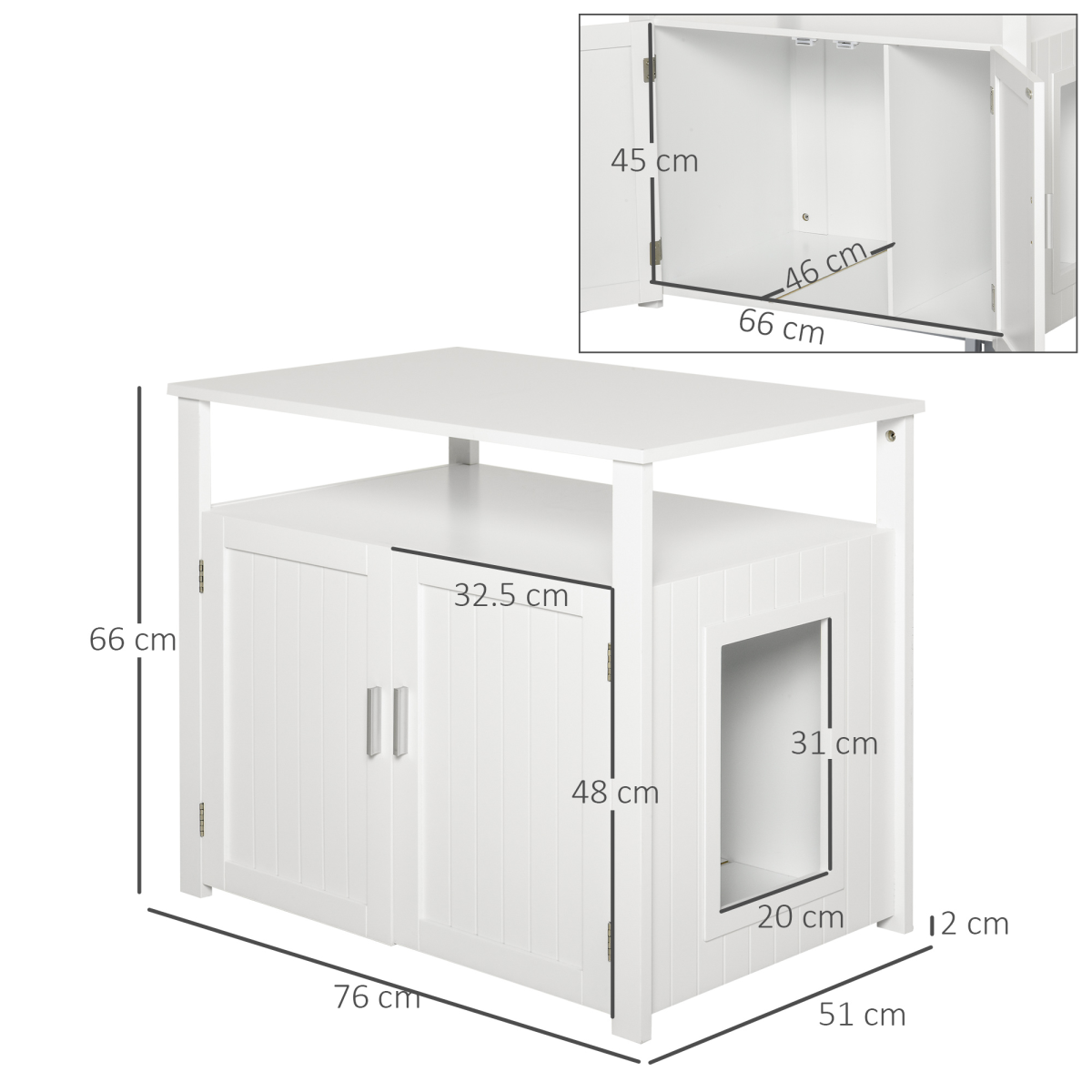 Inside Tabletop Side Table Cat Box Fixture with Magnetic Closing Door, White