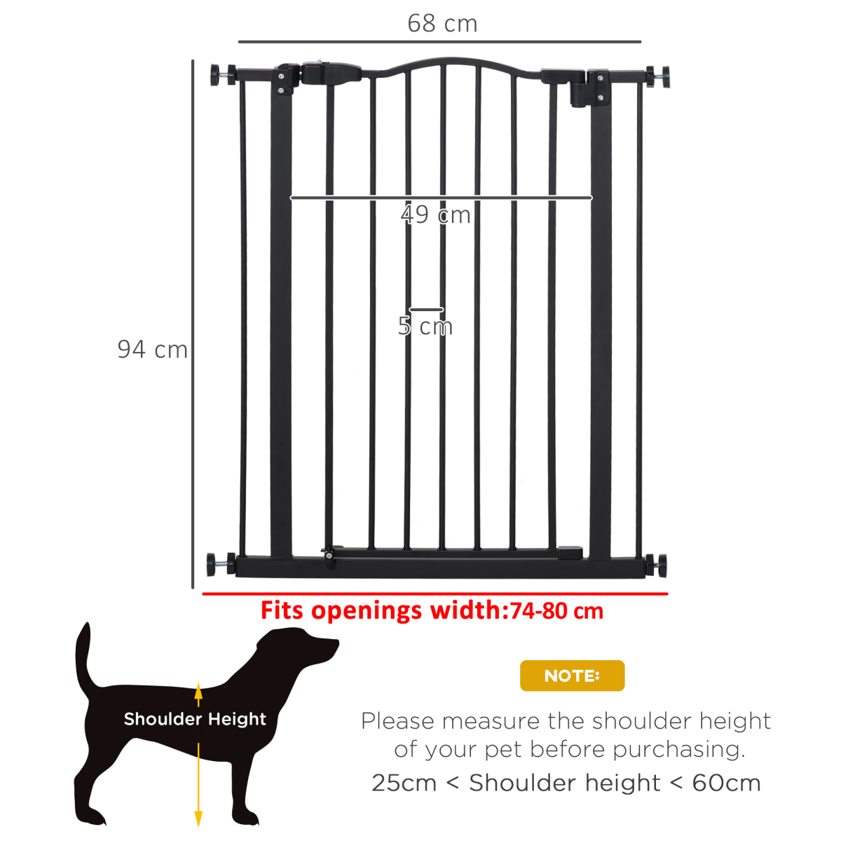 74-80cm Adjustable Metal Pet Gate Safety Barrier with Auto-Close Door Black