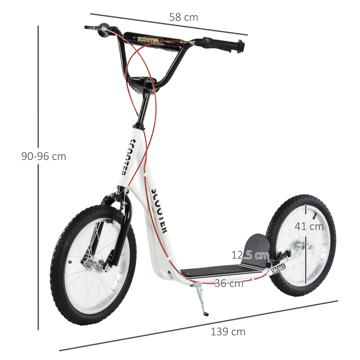 90-96cm Kids Kick Scooter Adjustable Handlebar Inflatable Wheels White
