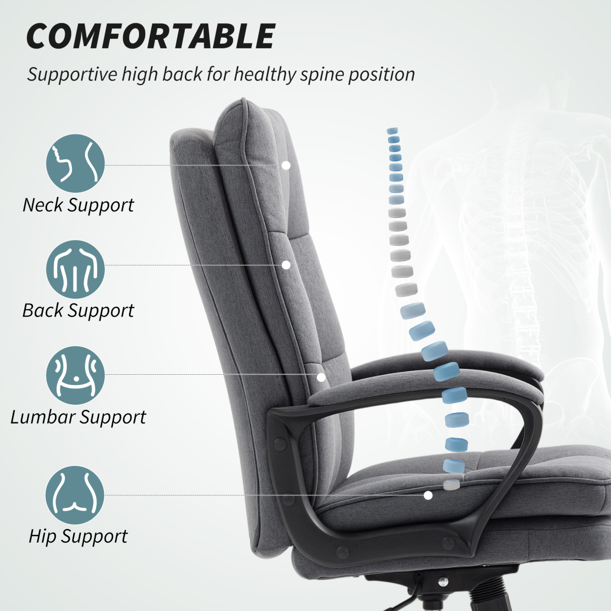 HOMCOM Fabric Office Chair, Computer Desk Chair for Home, Charcoal Grey