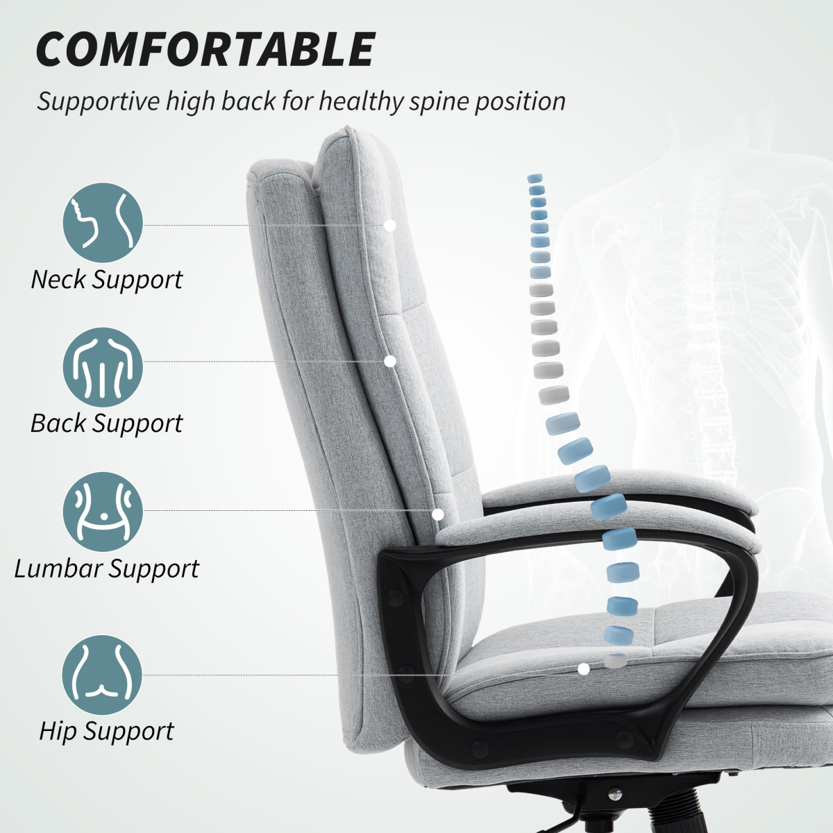 HOMCOM Fabric Office Chair, Computer Desk Chair for Home, Light Grey