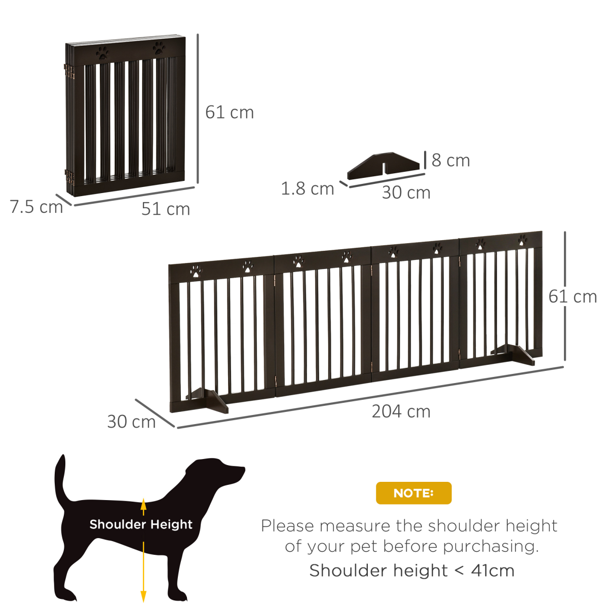 Freestanding Pet Gate 4 Panel Folding Wooden Dog Barrier with Support Feet