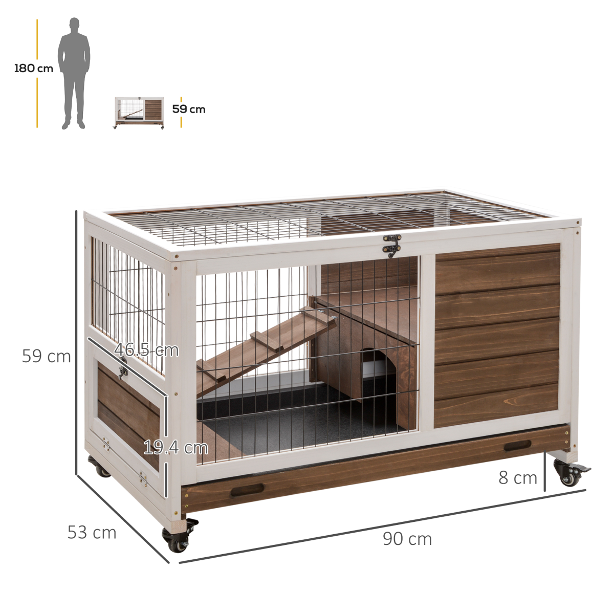 PawHut Wood Indoor Rabbit Hutch Elevated 2-Floor Guineas Pigs Cage with Wheels and with openable Roof