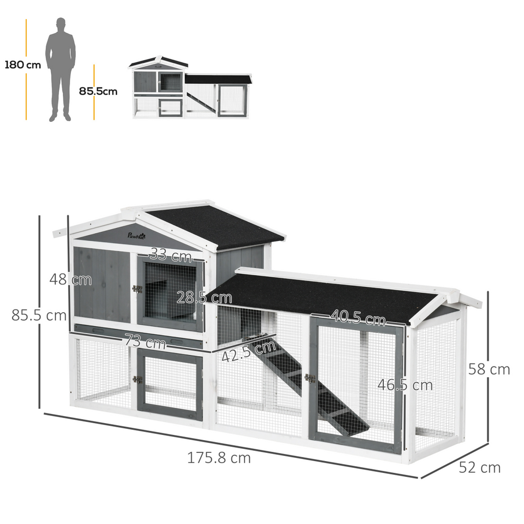 Two-Tier Wooden Rabbit Hutch Small Animal House with Run Box, Slide-Out Tray, Ramp