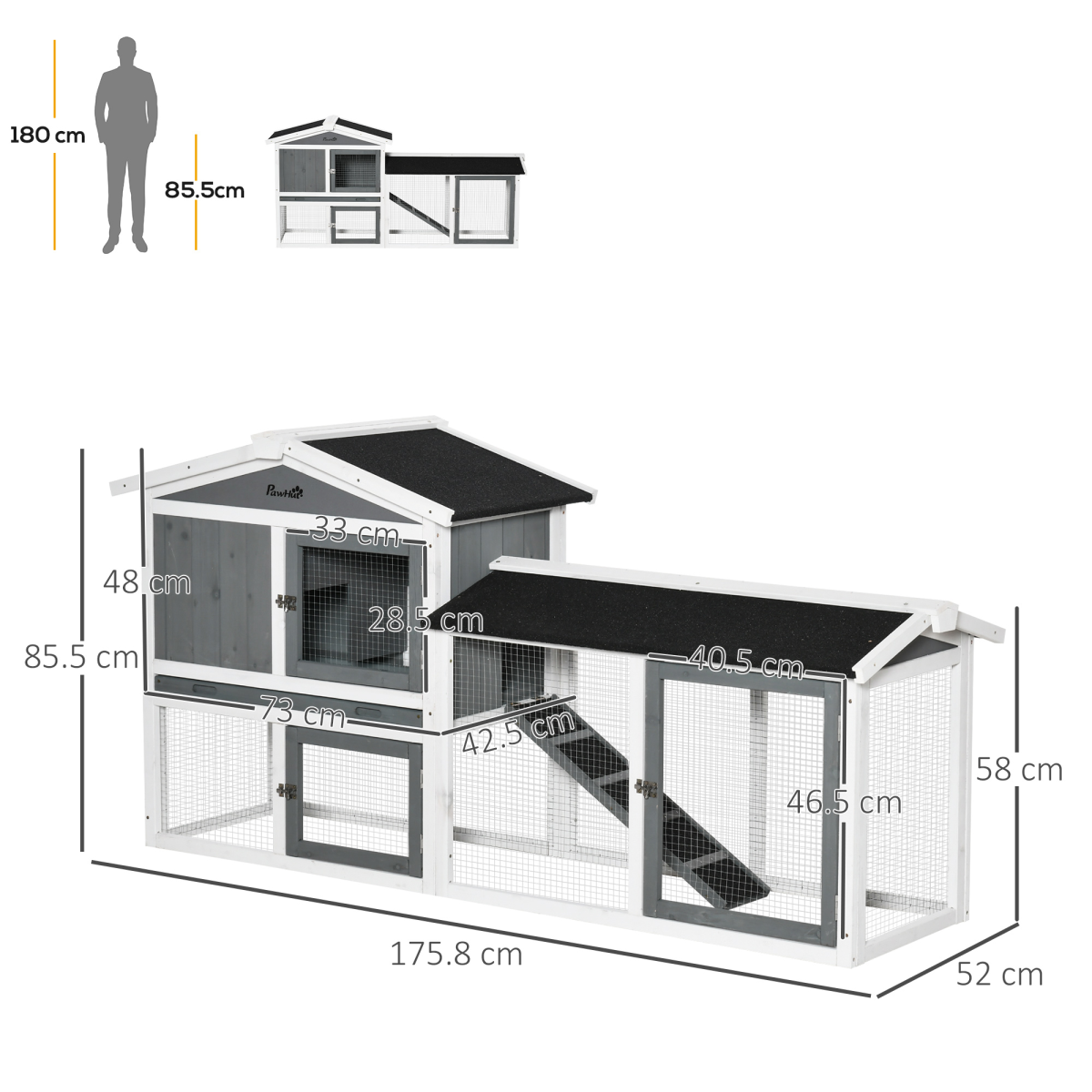 Two-Tier Wooden Rabbit Hutch Small Animal House with Run Box, Slide-Out Tray, Ramp