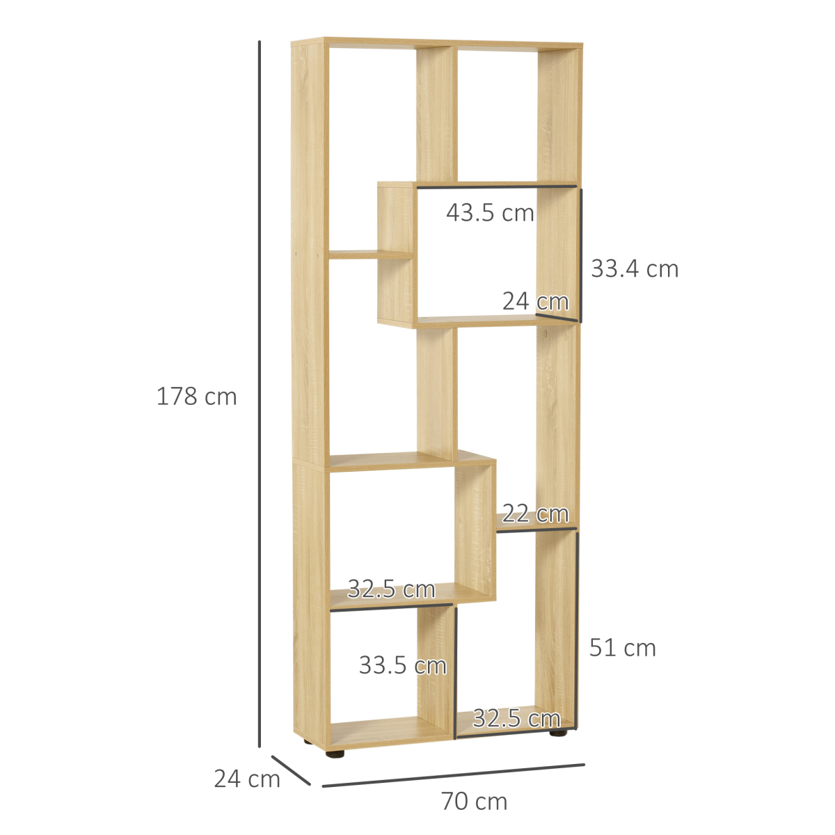 178cm 8-Shelf Bookcase with Melamine Surface Oak Tone Multipurpose 8-Grid