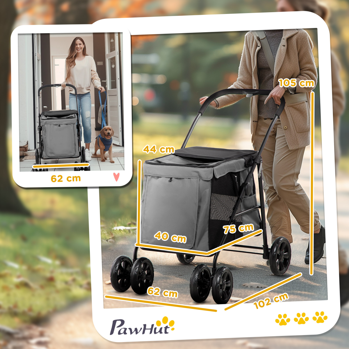 PawHut One-click Foldable Pet Stroller with Mesh Windows, for Small Pets - Grey