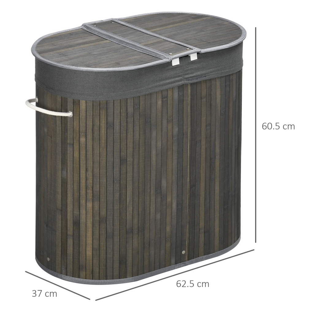 100L Bamboo Laundry Basket w/ 2 Compartments Washing Baskets Grey HOMCOM