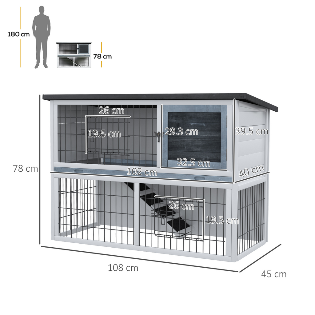Rabbit Hutch and Run with Removable Tray Openable Top for Indoors & Outdoors Grey