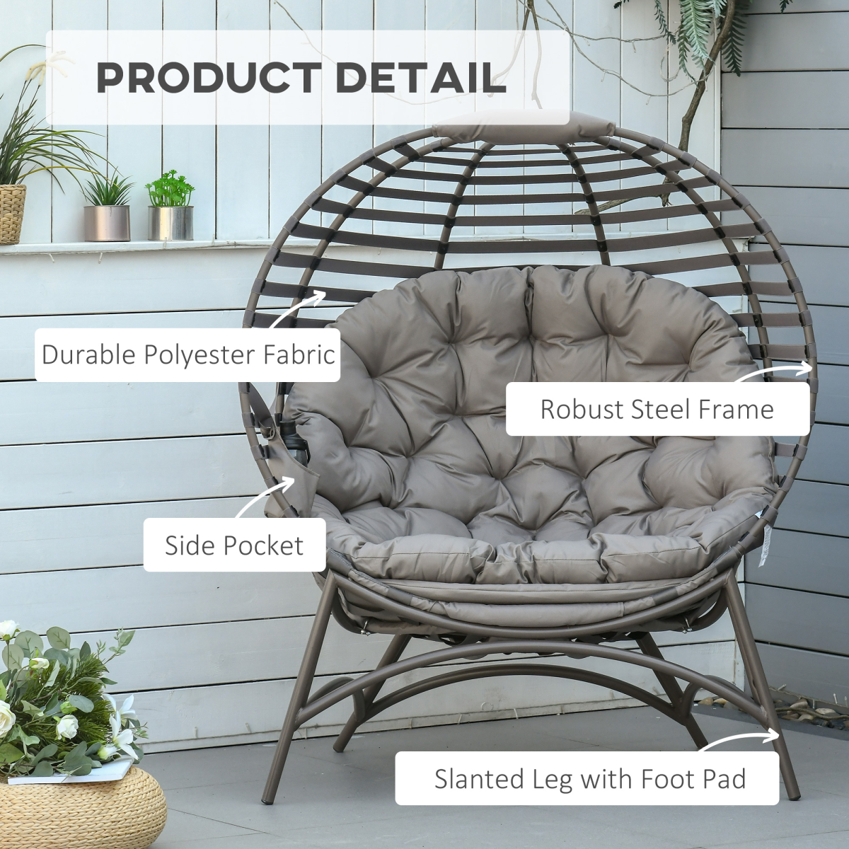 Egg Chair with Cushion Steel Frame and Side Pocket for Indoor Outdoor