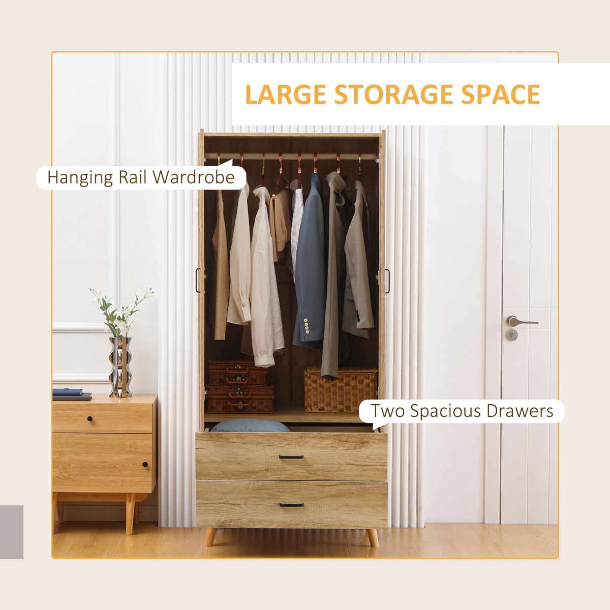 2 Door Wardrobe, Modern Wardrobe w/ 2 Drawer, Hanging Rail for Bedroom Natural