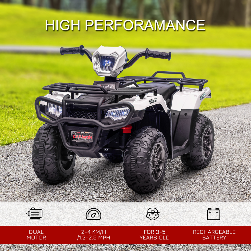 12V Electric Quad Bike for Kids with LED Headlights, Music - White