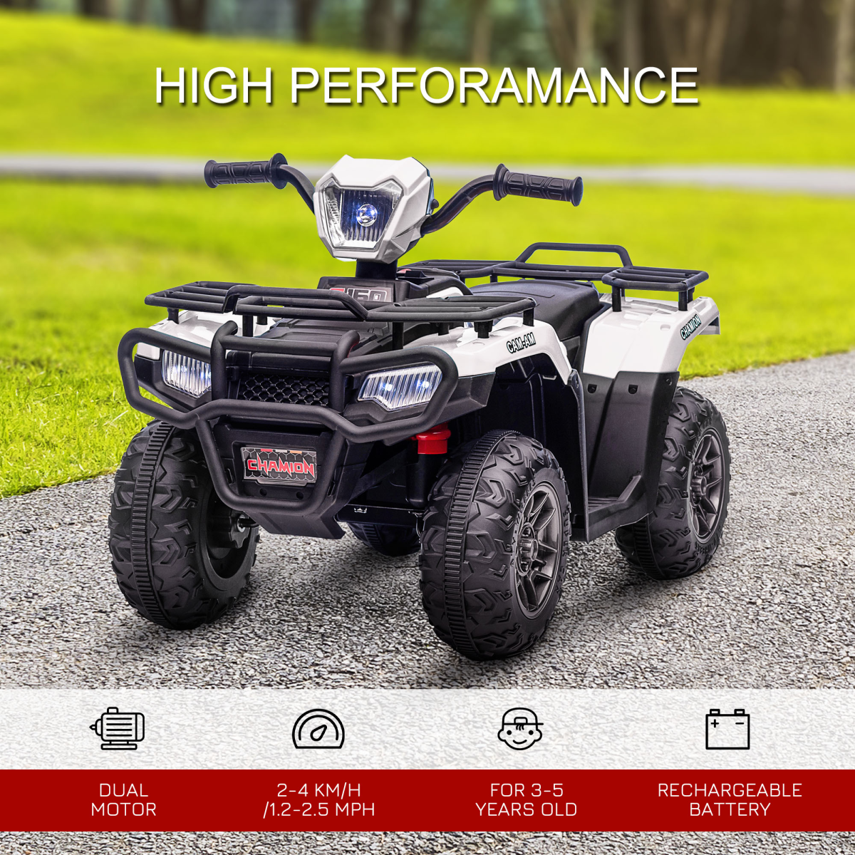12V Electric Quad Bike for Kids with LED Headlights, Music - White