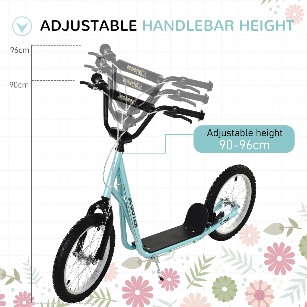 90-96cm Kids Kick Scooter Adjustable Handlebar Inflatable Wheels Blue