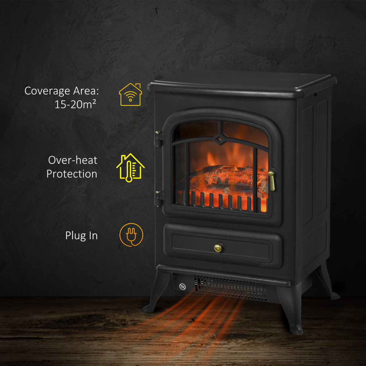 Electric Fire Place 1850W Heater Wood Burning Effect Flame Portable Black