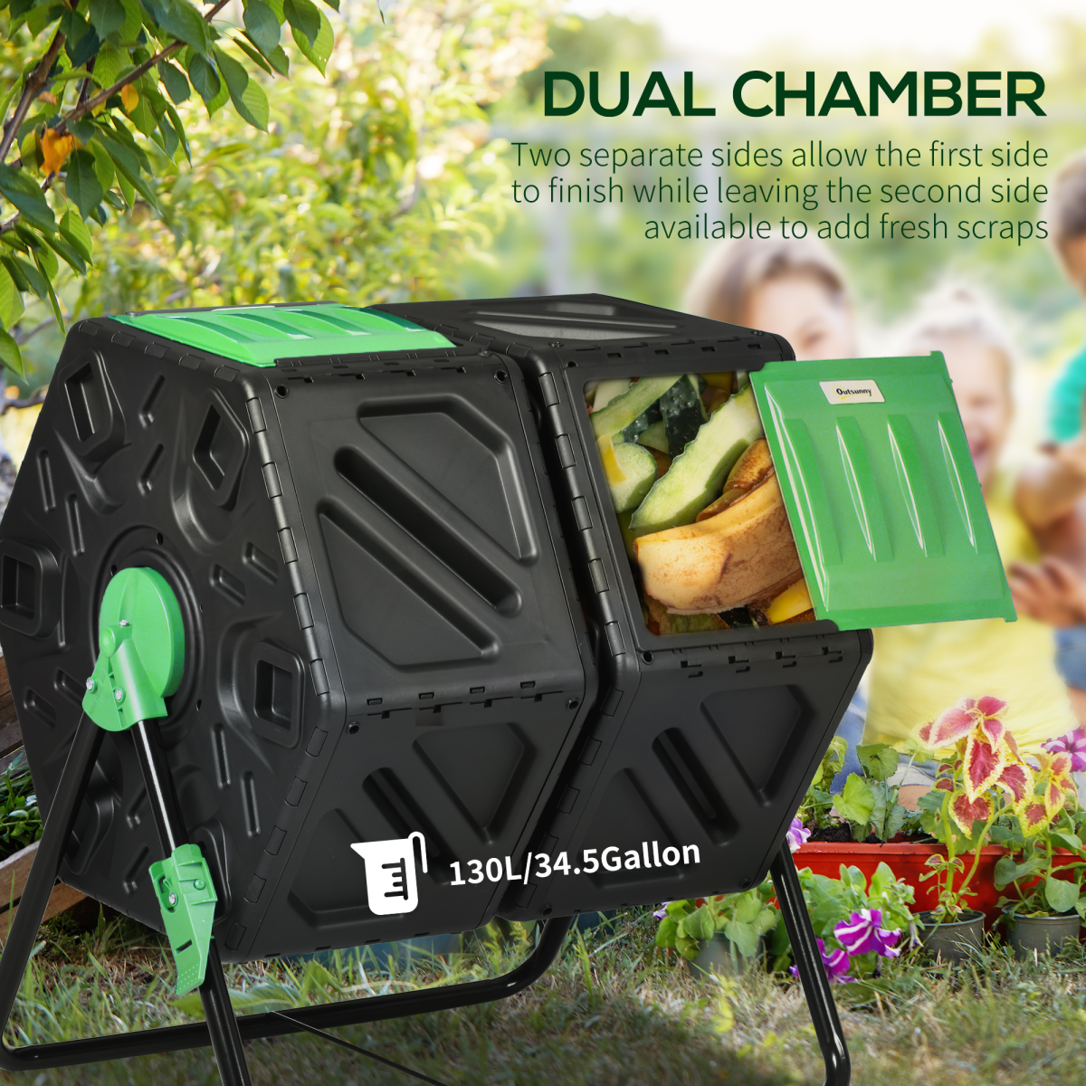 Outsunny 130L Compost Bin Dual Chamber Rotating Composter with Ventilation Holes