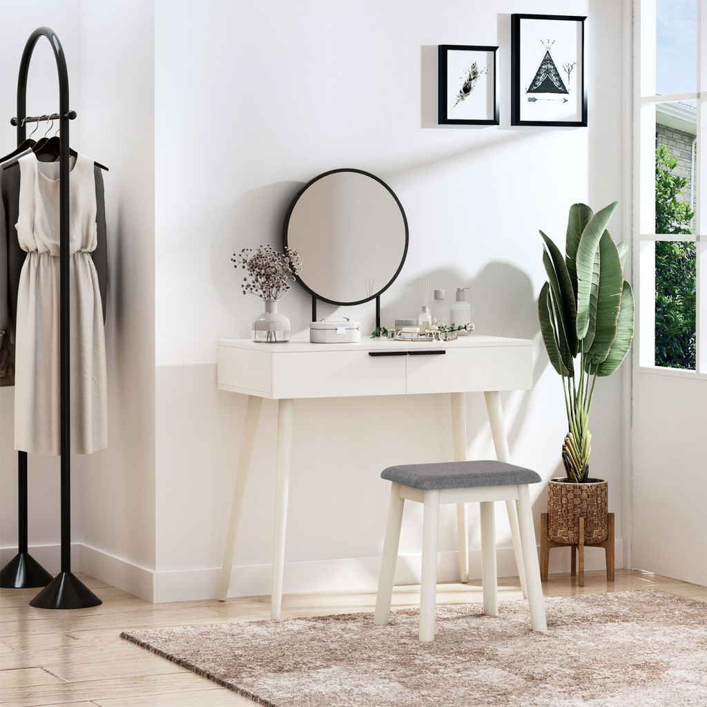 Dressing Table Vanity Set Makeup Desk with Round Mirror Cushioned Stool White