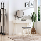 Dressing Table Vanity Set Makeup Desk with Round Mirror Cushioned Stool White