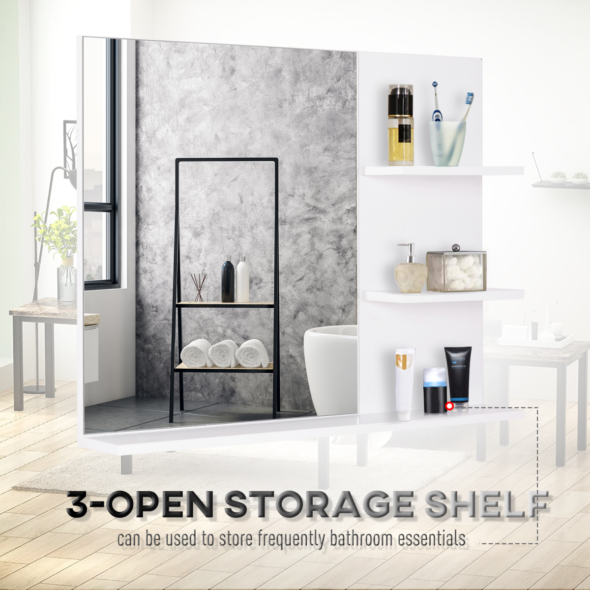 Modern Bathroom Wall Mounted Mirror with 3 Storage Open Shelves, White