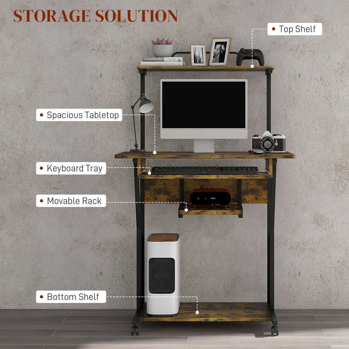 Rolling Computer Desk with Keyboard Tray Storage Shelves Rustic Brown