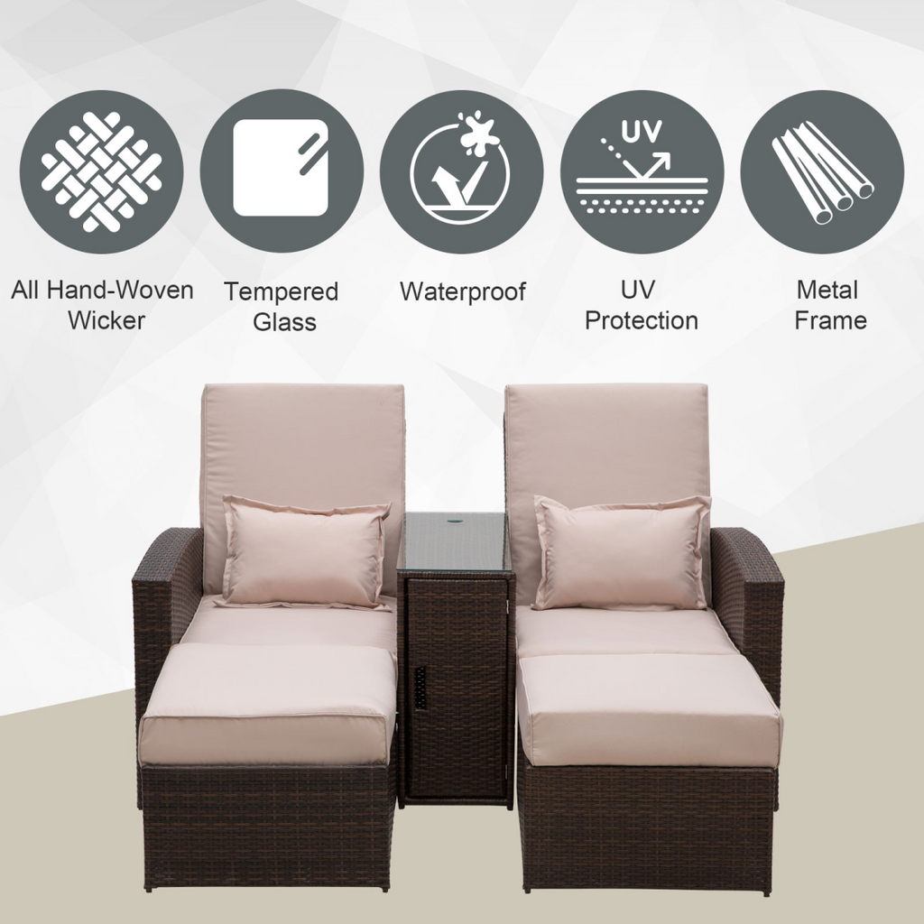 Garden Double Rattan Sun Lounger Sofa Recliner Wicker Patio Brown
