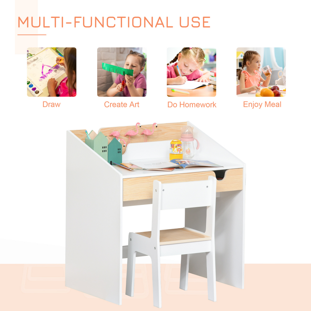 Two-Piece Kids Desk and Chair Set Children Study Table with Storage