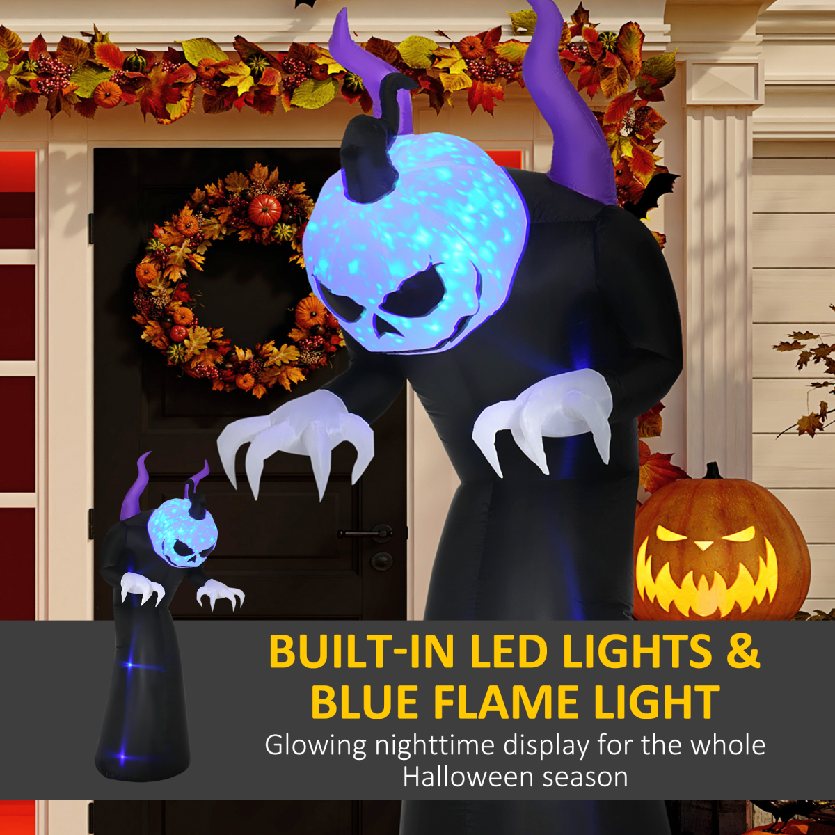 LED Inflatable Halloween Horned Ghost with Flame Effect — 7ft